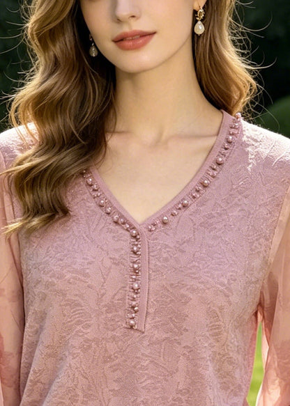 Natural Pink Jacquard Nail Bead Cotton Shirt Top Summer