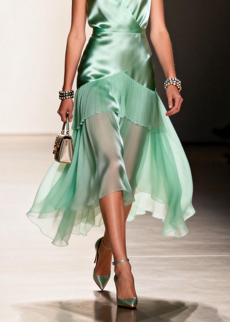 Green Ruffled Patchwork Chiffon Spaghetti Strap Dress Summer