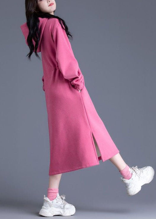 Pink Hooded Cinched Side Open Warm Fleece Sweatshirts Dress Spring
