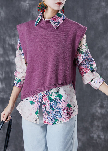 Modern Asymmetrical Print Knit Vest and Shirts Two-piece Set Fall