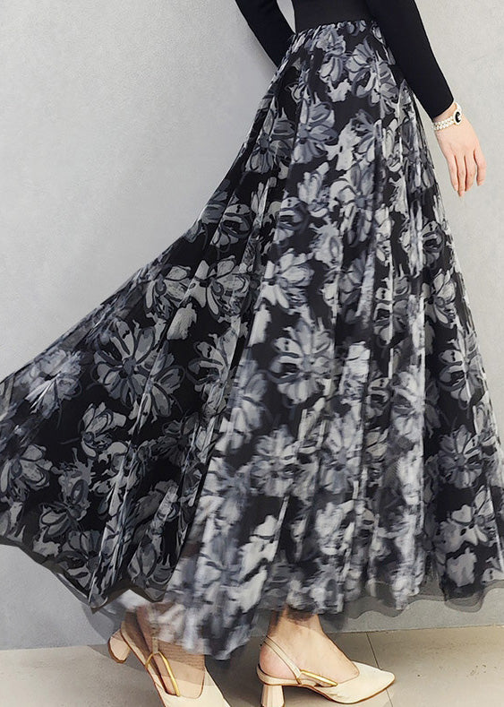 Black White High Waist Print Draping Tulle Maxi Skirt Spring