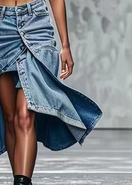 Blue Button Side Open High Waist Denim Skirts Summer