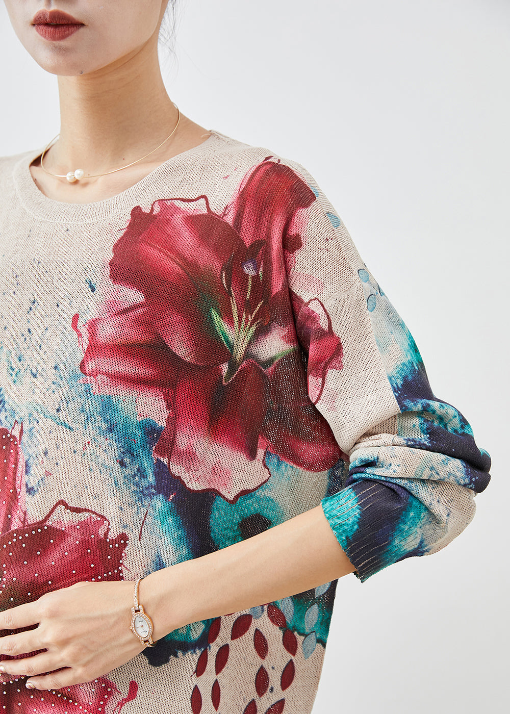 Diy Beige Oversized Print Knit Pullover Fall