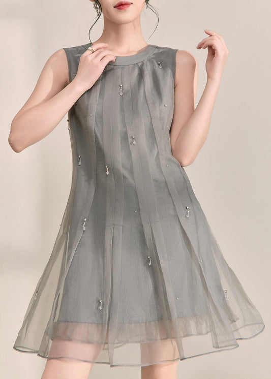 Boutique Grey O-neck Patchwork Tulle Mid Dress Summer