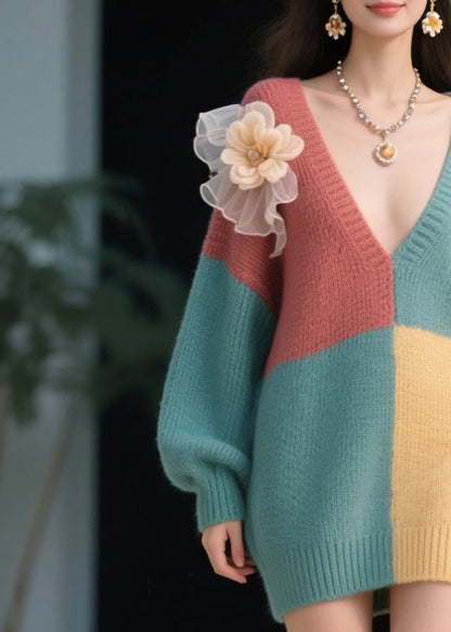 Stylish Colorblock V Neck Knit Sweater Dress Fall