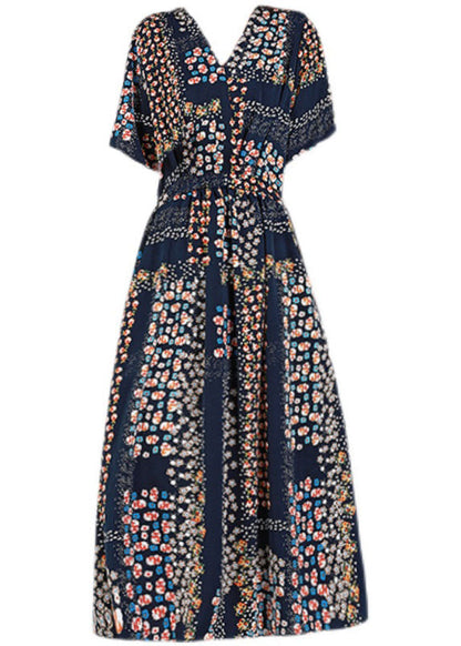 Navy V Neck Print Drawstring Silk Long Dress Short Sleeve