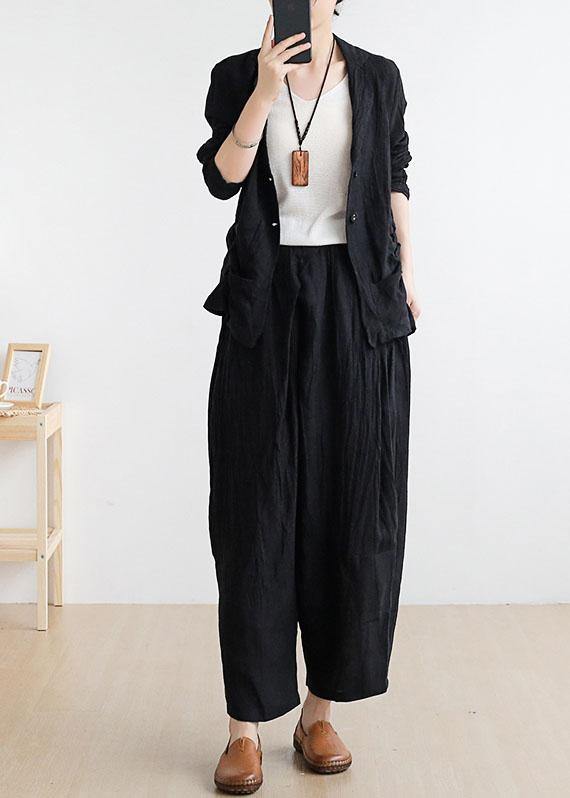 Black Peter Pan Collar Linen Spring Jackets