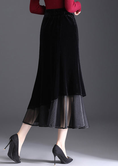 Black Zippered Elastic Waist Velvet Fishtail Skirts Spring