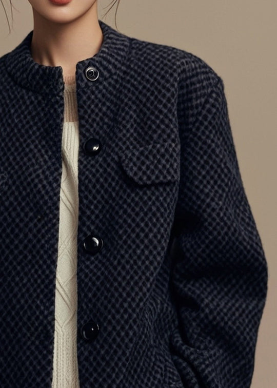 French Black O Neck Button Coat Winter