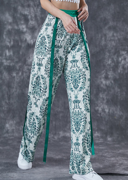 Green Print Ribbon Cotton Straight Pants Fall