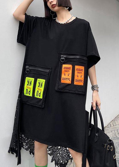 Fine Black Patchwork Lace Pockets Ankle Summer Cotton Dress