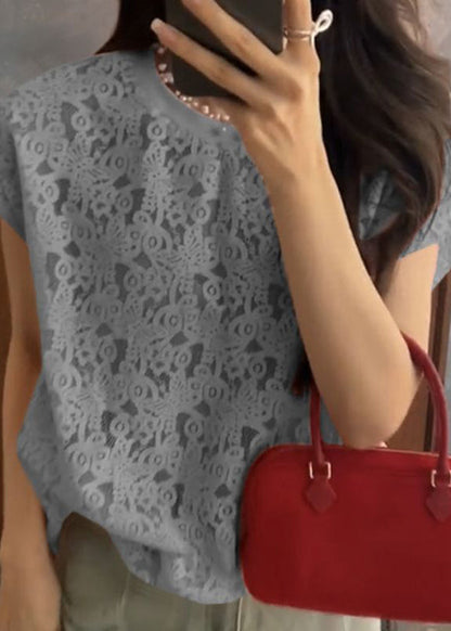 Orange O Neck Hollow Out Lace T Shirt Summer
