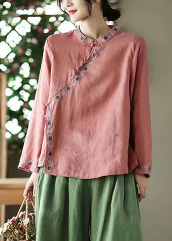 Red Stand Collar Embroideried Linen Shirt Top Long Sleeve