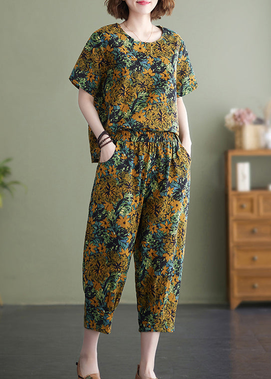 Yellow O-neck Top Short Sleeve Elastic Waist Pants Two Pieces Set