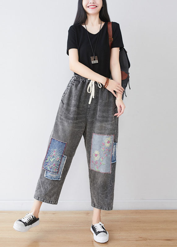 Grey Embroideried Patchwork Applique Cotton Denim Pants Spring