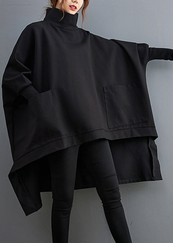 Black Turtleneck Asymmetrical Pockets Low High Design Cotton Pullover Long Sleeve