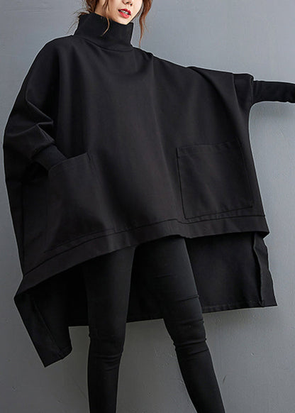 Black Turtleneck Asymmetrical Pockets Low High Design Cotton Pullover Long Sleeve