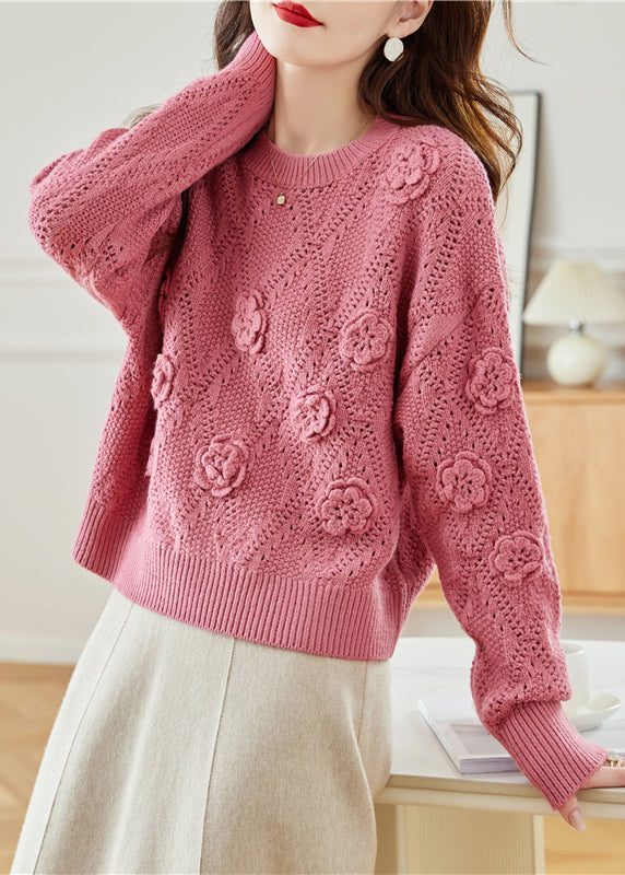 Pink O Neck Hollow Out Knit Sweater Spring
