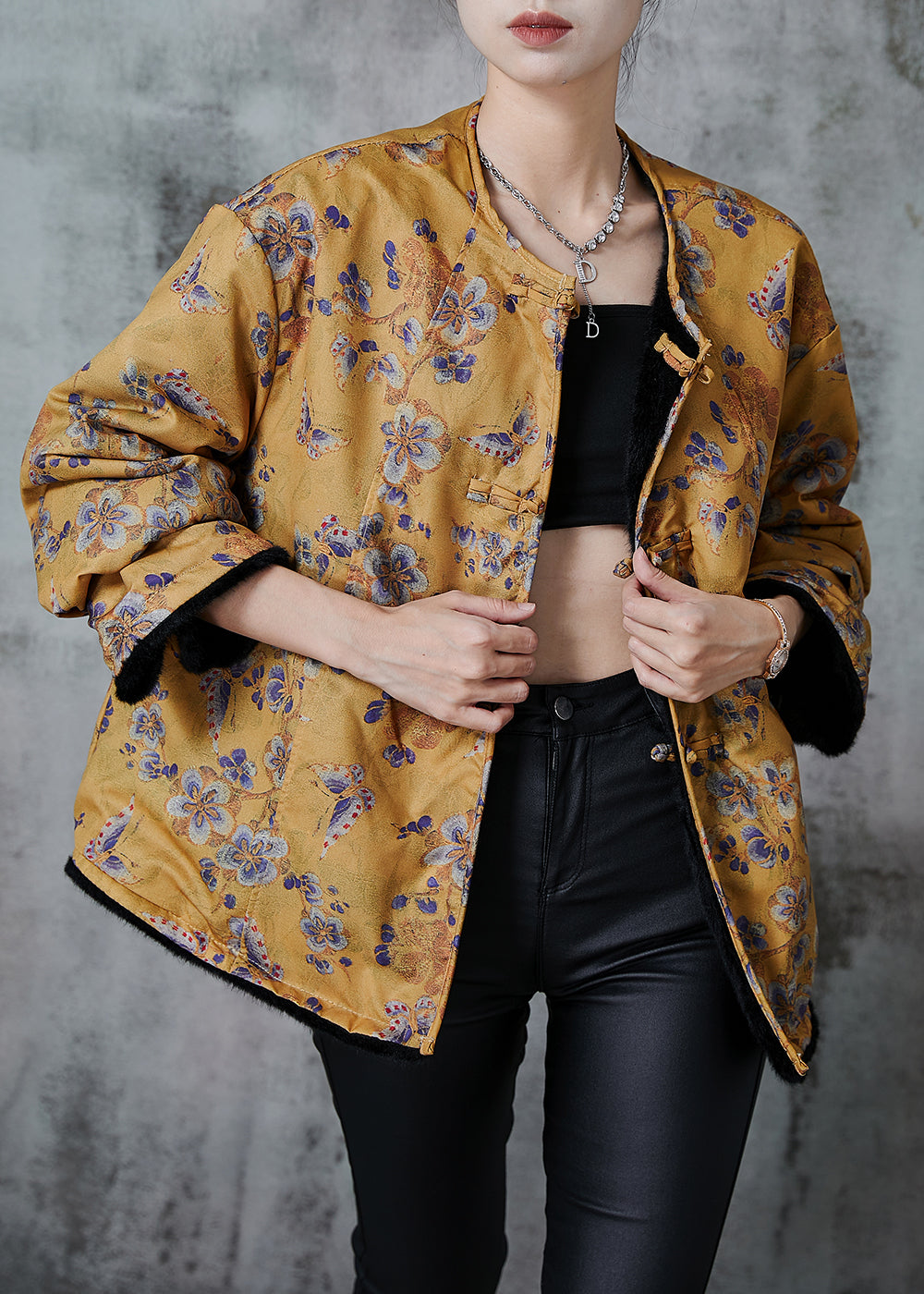 Yellow Print Faux Mink Hair Wear on Both Sides Coats Winter