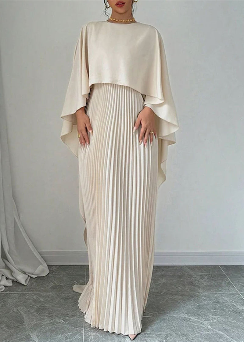 Beige Asymmetrical Patchwork Cotton Long Dress Batwing Sleeve