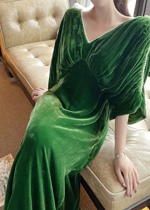 Green V Neck Nail Bead Patchwork Wrinkled Velour Dress Spring