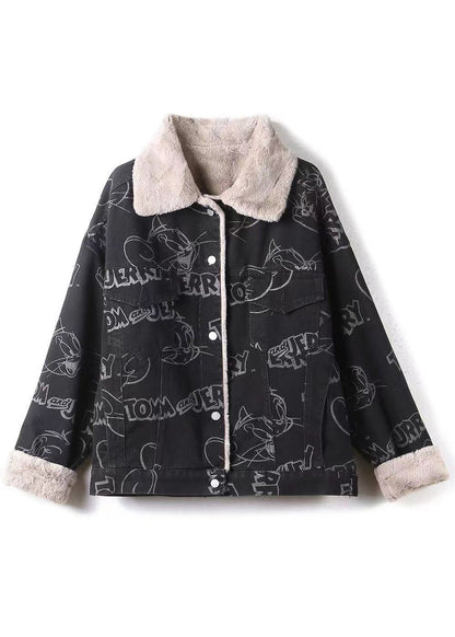 Black Print Button Patchwork Warm Fleece Coat Winter
