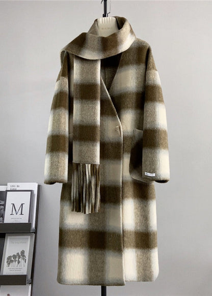 Black V Neck Pockets Plaid Wool Coats Winter