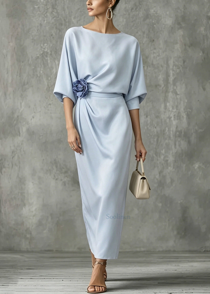 Italian Blue O Neck Cotton Maxi Dress Summer