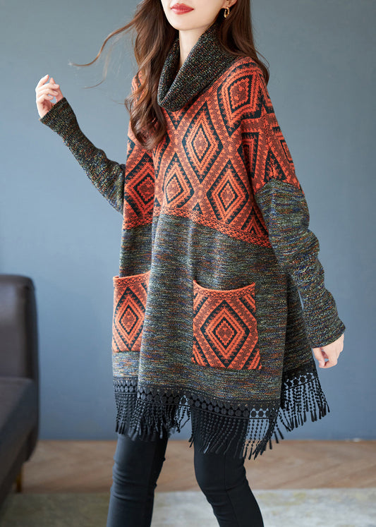 Orange Tasseled Patchwork Knit Dress Spring