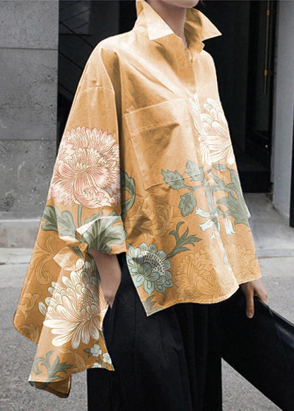 Natural Yellow Flower Peter Pan Collar Low High Design Button Pockets Cotton Shirts Long Sleeve Fall