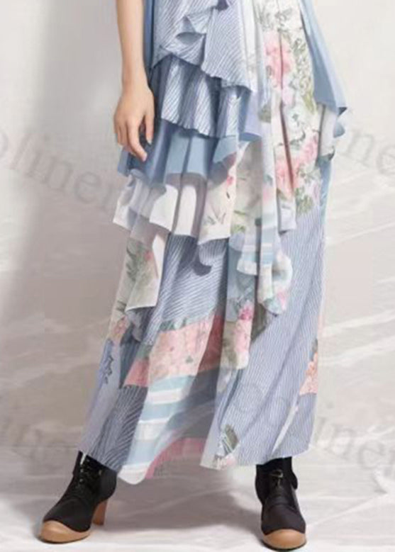 Fitted Colorblock O-neck Print Asymmetrical Silk Long Dresses Summer