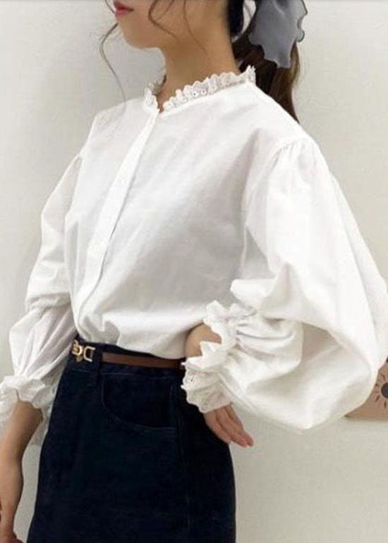 White Lace Ruffled Patchwork Cotton Shirt Top Spring