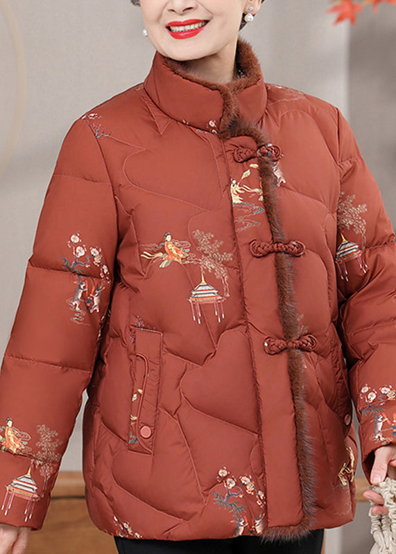 Orange Fur Collar Print Button Warm Fine Cotton Filled Coats Winter