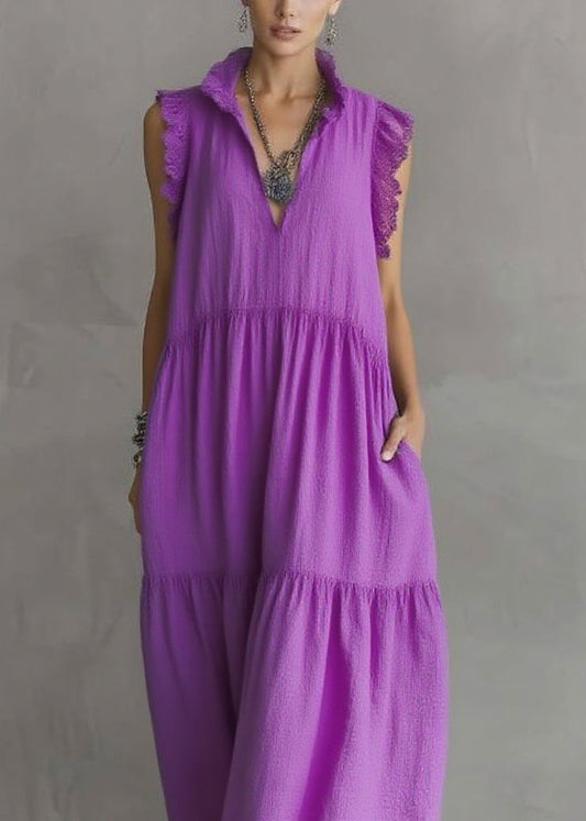 Purple Ruffled Lace Patchwork Cotton Dresses Sleeveless
