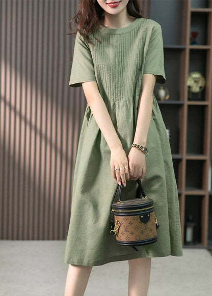 French Green O-neck Wrinkled Linen Dress Short Sleeve