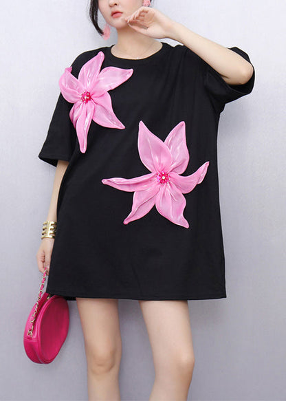 Black Oversized Decorated Cotton Tops Summer