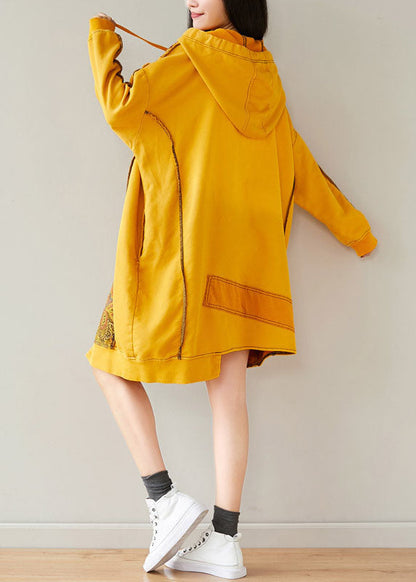 Yellow Hooded Asymmetrical Design Patchwork Cotton Mid Dresses Spring