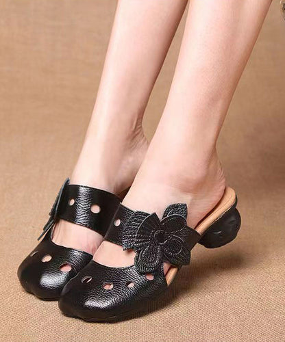 Splicing Hollow Out Chunky Black Cowhide Leather Slide Sandals