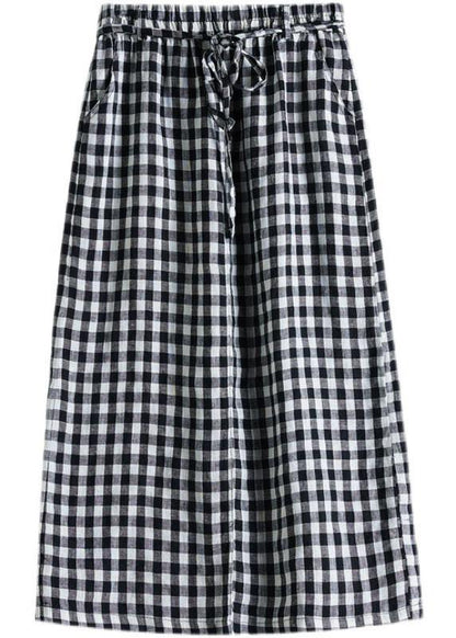 Black Plaid Pockets Fall Tie Waist Skirt
