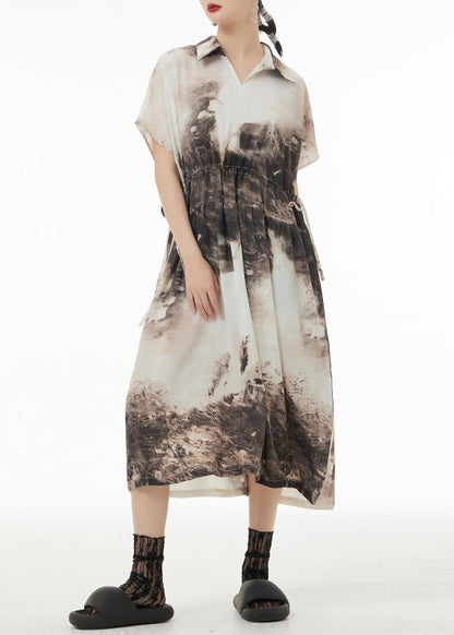 Peter Pan Collar Tie Dyetie Waist Patchwork Silk Long Dresses Summer