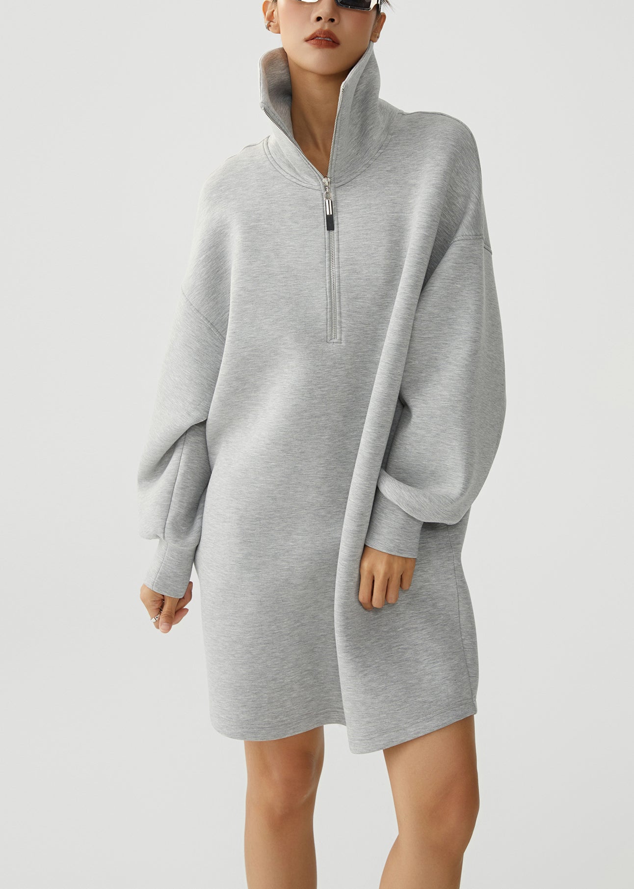 Grey Zip Up Pockets Warm Fleece Sweatshirt Dress Winter