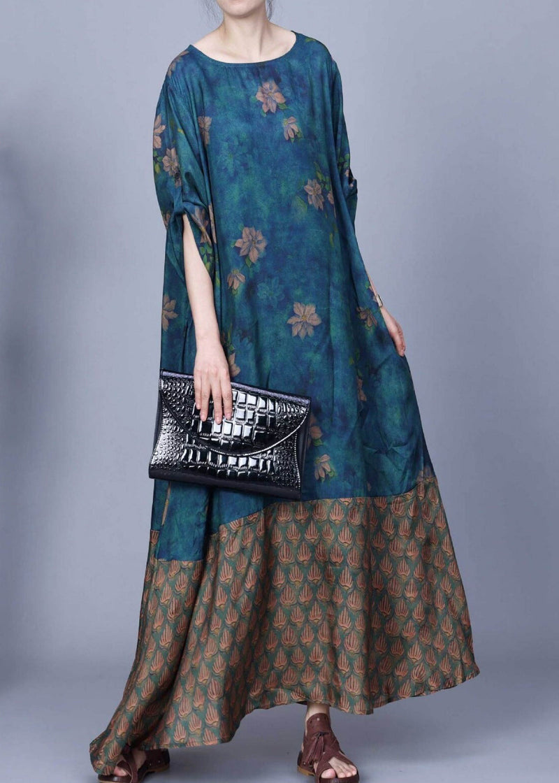 Retro Blue O-neck Print Patchwork Silk Maxi Dress Spring