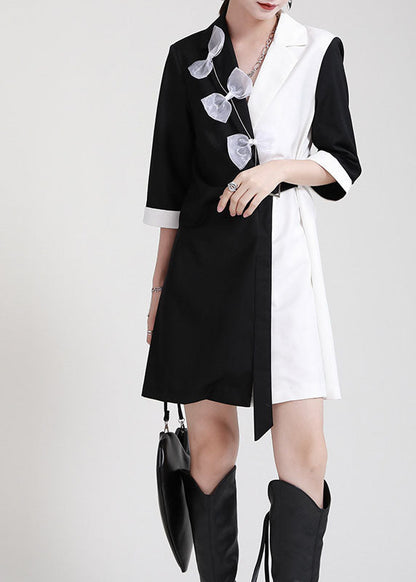 Diy Black White Patchwork Peterpan Collar Bow Sashes Fall Dress Half Sleeve