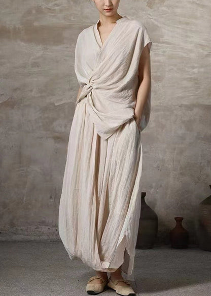 Beige Wrinkled Pockets Linen Two Pieces Set Summer