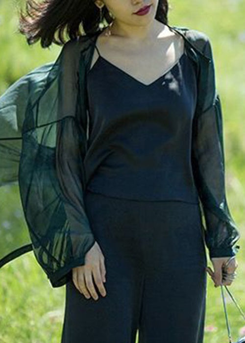 Loose Blackish Green Button Thin Silk Blouses Spring