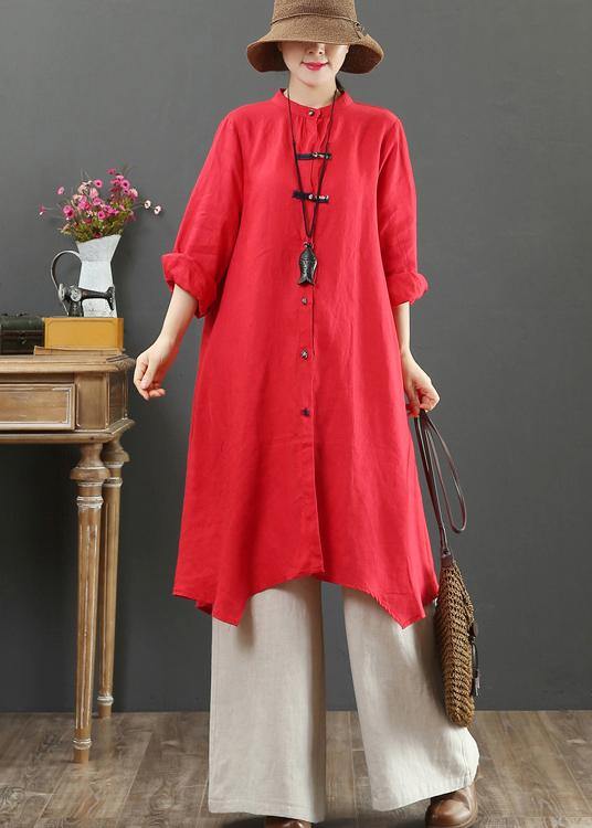 Unique Stand Collar Asymmetric Spring Clothes Pattern Red Blouse