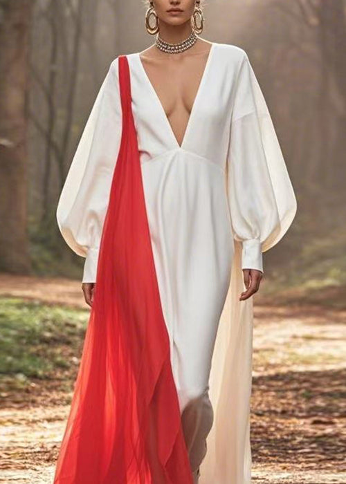 White V Neck Patchwork Silk Dress Lantern Sleeve