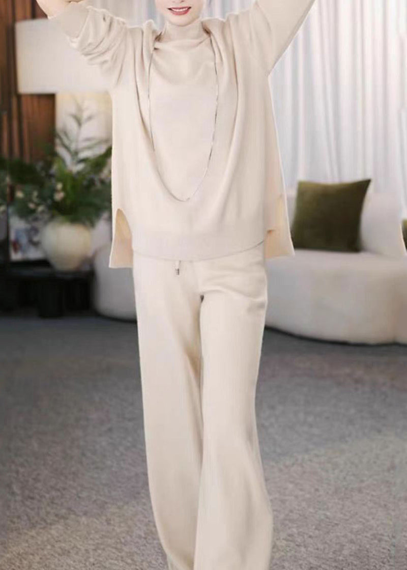 Beige Turtleneck Cotton Knit Sweaters and Wide Leg Pants Two Pieces Set Winter