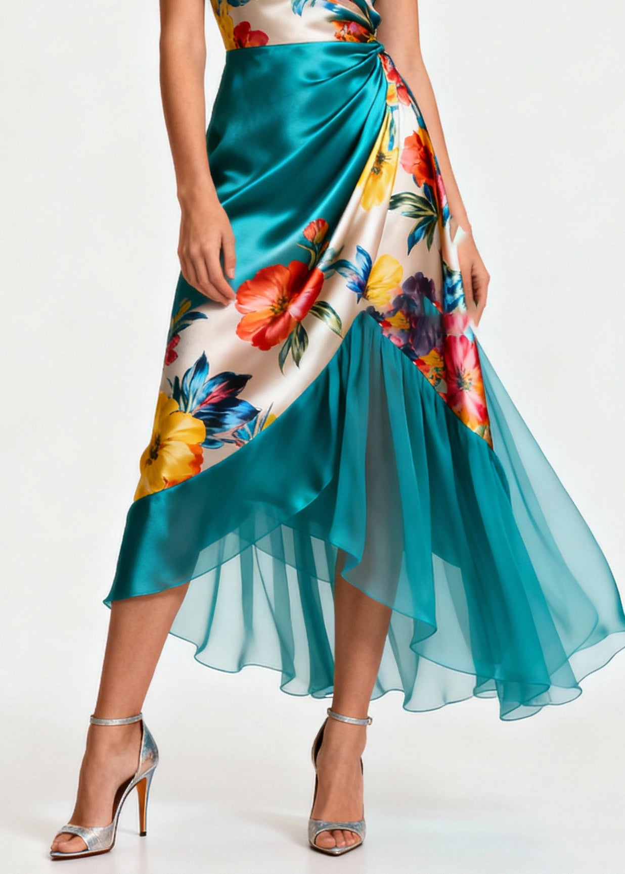 Peacock Green Asymmetrical Patchwork Tulle Silk Cami Dress Summer