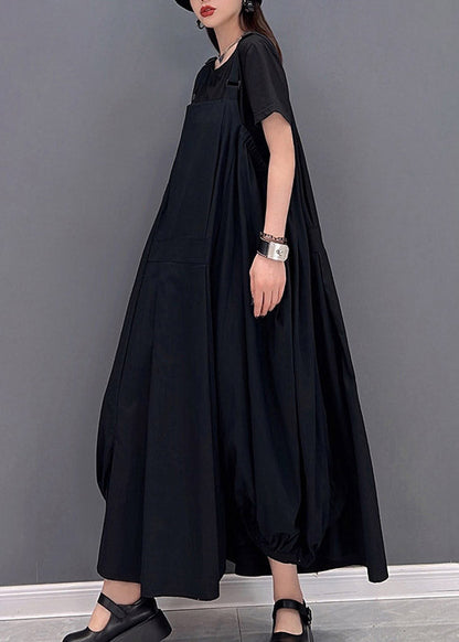 Black O-neck Asymmetrical Pockets Long Dresses Sleeveless